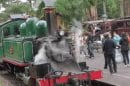 Steam train at Menzies Creek station with people waiting and trees in the background.