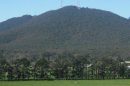View of a mountain with a forested slope and a clear sky in the background.