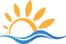 Sunset over the ocean with waves and a bright orange sun near the horizon.