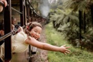 Children enjoying a train ride through a lush forest in the Dandenong Ranges.
